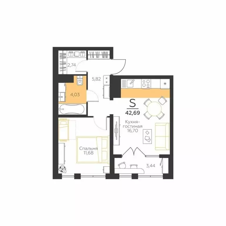 1-комнатная квартира: Молодёжный, улица Вадима Усова, 23 (42.69 м) - Фото 0