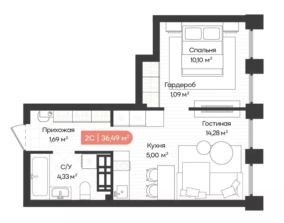 2-комнатная квартира: Новосибирск, Ленинградская улица, 342 (36.49 м) - Фото 1
