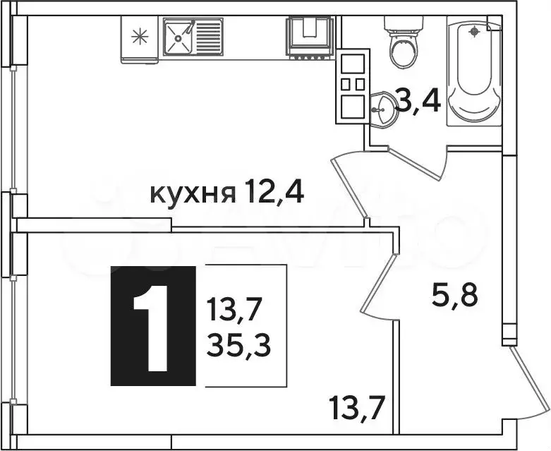 1-к. квартира, 35,3 м, 2/16 эт. - Фото 1