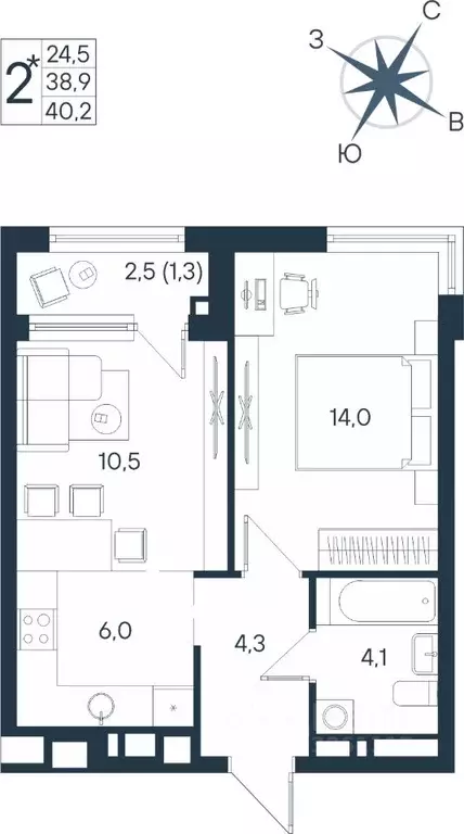 Студия Пермский край, Пермь ул. Космонавта Беляева, 17 (40.2 м) - Фото 1