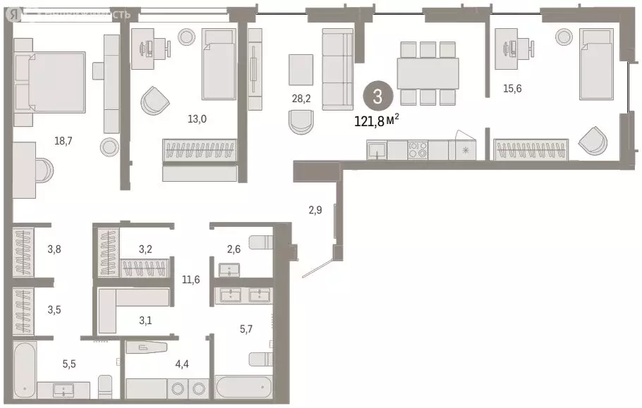 3-комнатная квартира: Тюмень, улица Республики, 205к2 (121.2 м) - Фото 2