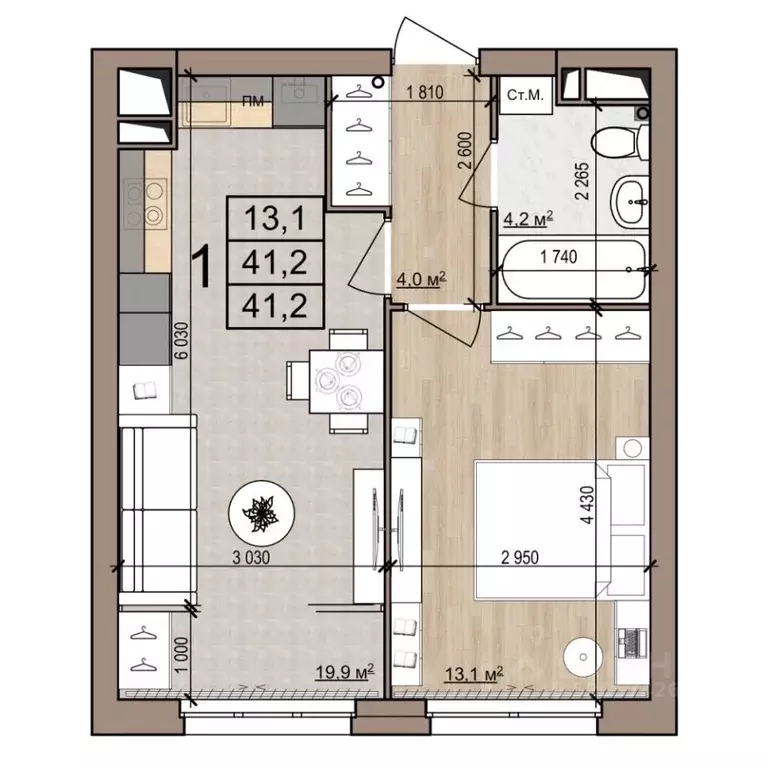 1-к кв. Рязанская область, Рязань ул. Новоселов, 33Б (41.2 м) - Фото 1