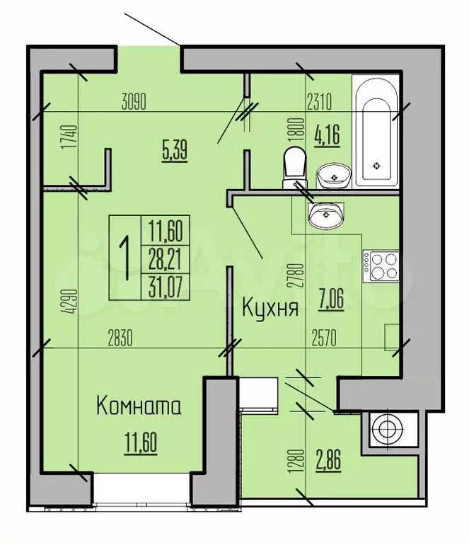 1-к. квартира, 31,1м, 9/10эт. - Фото 1