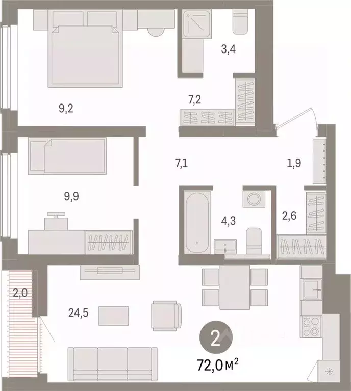 2-к кв. Новосибирская область, Новосибирск ул. Аэропорт, 88 (71.98 м) - Фото 1