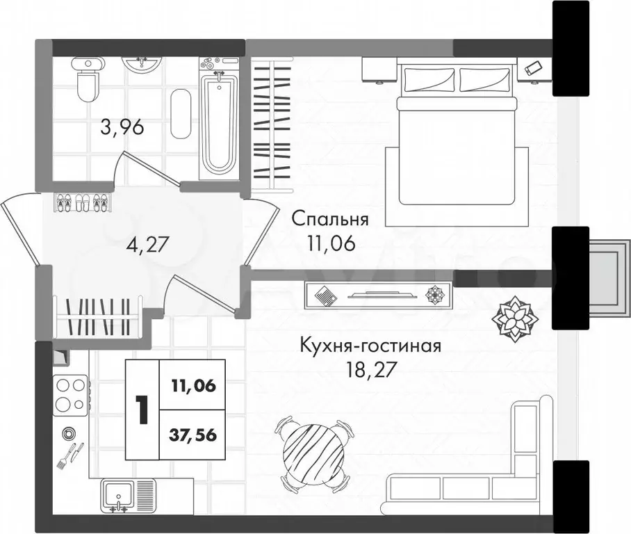 1-к. квартира, 37,6 м, 6/9 эт. - Фото 0