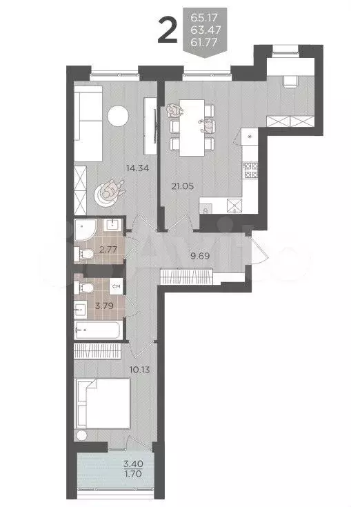 2-к. квартира, 65,2 м, 8/9 эт. - Фото 1