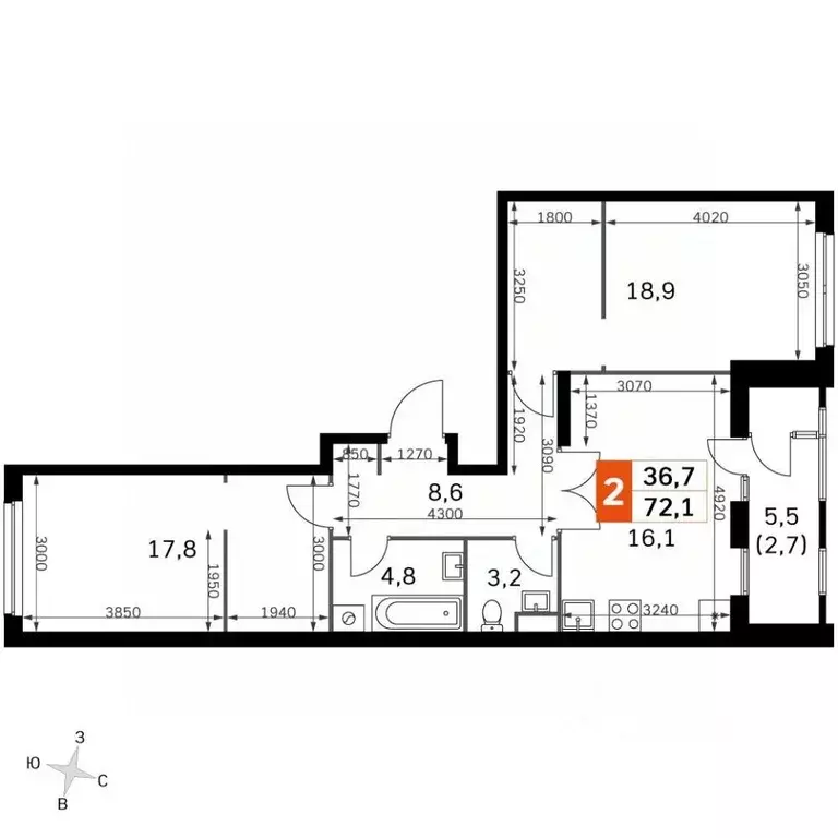 2-к кв. Москва Строительный проезд, 9к1 (70.2 м) - Фото 1