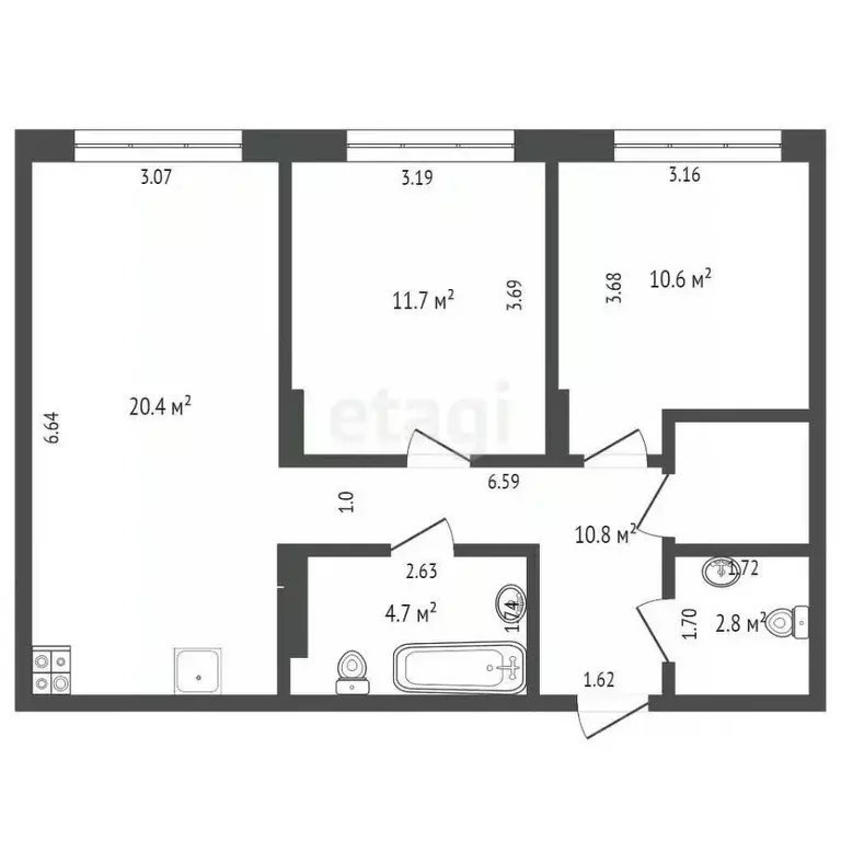 2-к кв. Тюменская область, Тюмень ул. Стройотрядовская, 8 (61.0 м) - Фото 2
