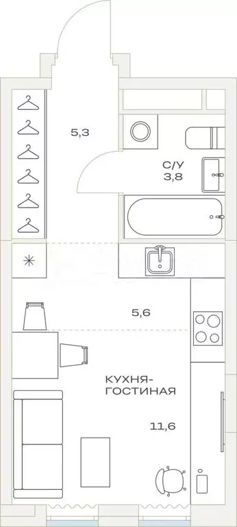 Квартира-студия, 26,8 м, 9/23 эт. - Фото 1