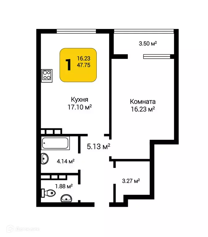 Продаётся 1-к квартира, 49.51 м - Фото 0