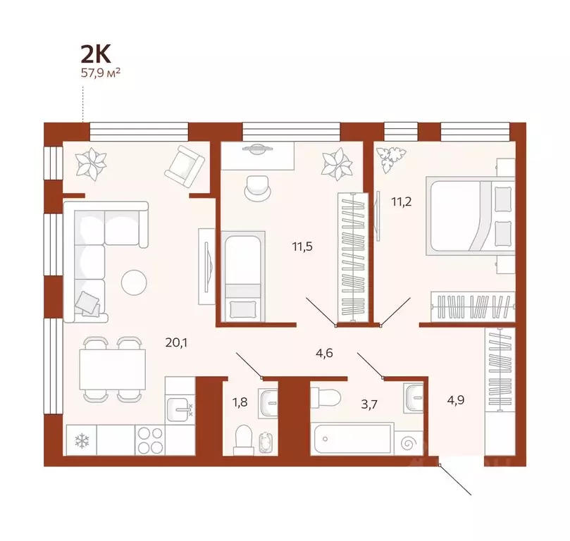 2-к кв. Тюменская область, Тюмень  (57.89 м) - Фото 0