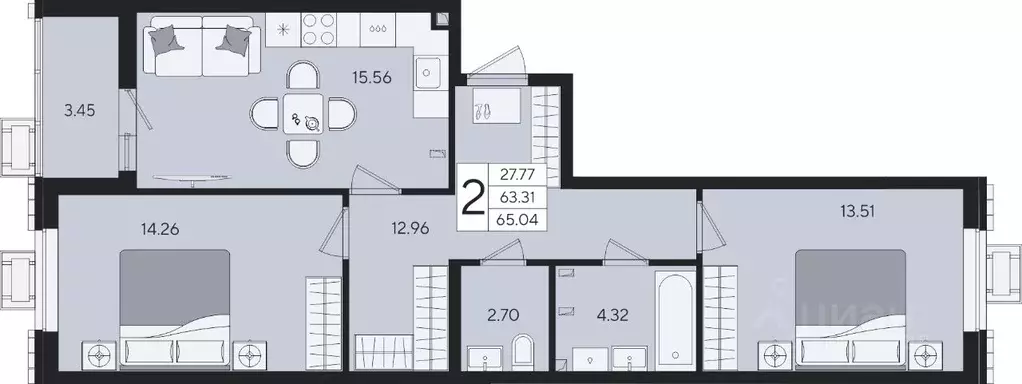 2-к кв. Краснодарский край, Краснодар  (65.04 м) - Фото 2