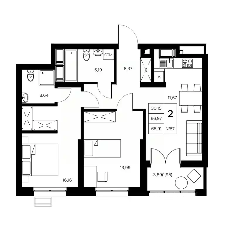 2-к кв. Калужская область, Обнинск Заовражье жилрайон, Новый город ... - Фото 1