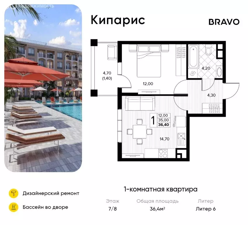 1-комнатная квартира: Сукко, жилой комплекс Кипарис (36.4 м) - Фото 1