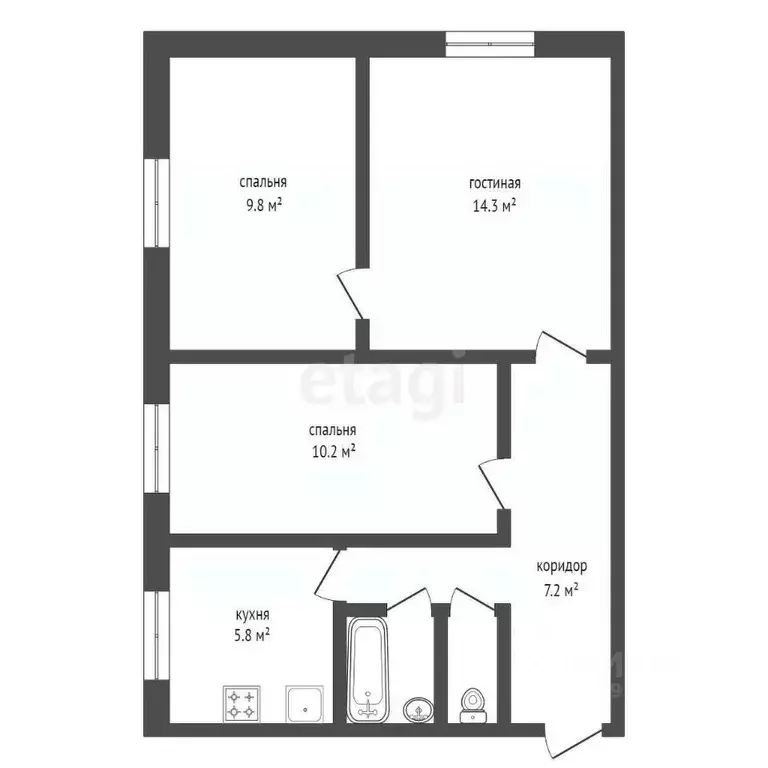 3-к кв. Башкортостан, Стерлитамак Железнодорожная ул., 16 (50.3 м) - Фото 2