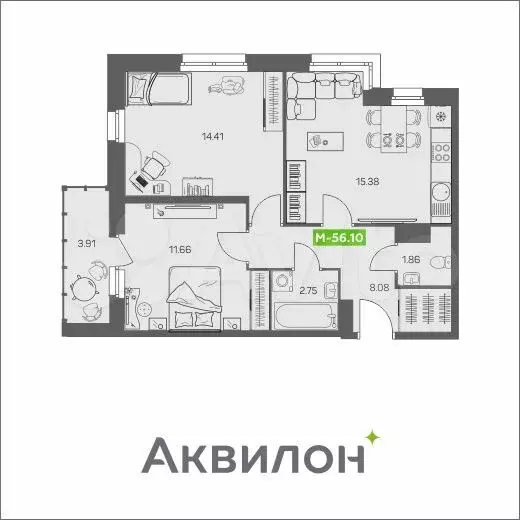 3-к. квартира, 56,1 м, 8/8 эт. - Фото 0