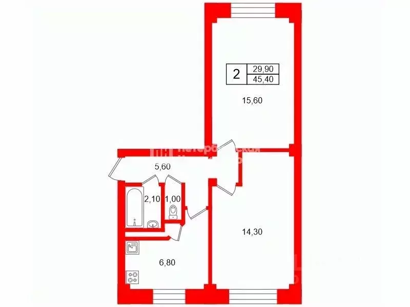 2-к кв. Санкт-Петербург бул. Красных Зорь, 24 (45.4 м) - Фото 2