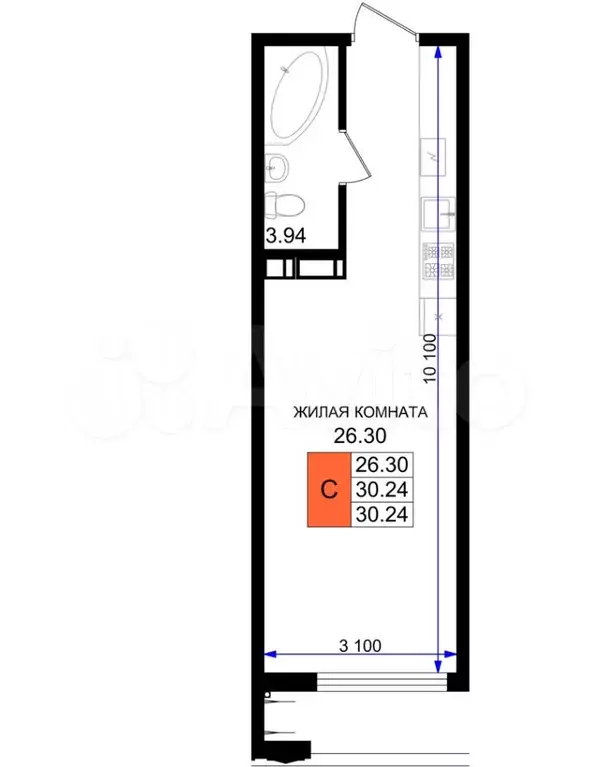 Квартира-студия, 30,2 м, 3/9 эт. - Фото 0