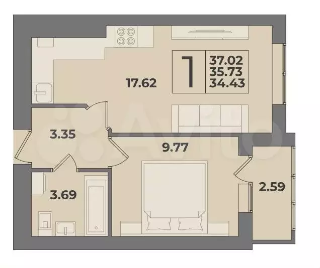 1-к. квартира, 35,7 м, 1/9 эт. - Фото 0
