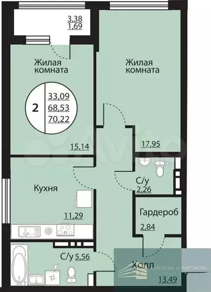 2-к. квартира, 70,2 м, 11/24 эт. - Фото 0