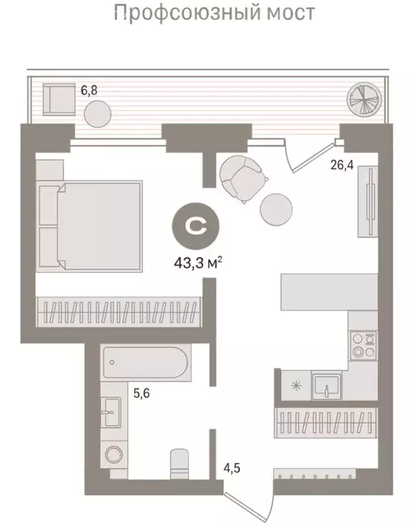 Квартира-студия: Тюмень, Причальная улица, 9 (43.3 м) - Фото 2