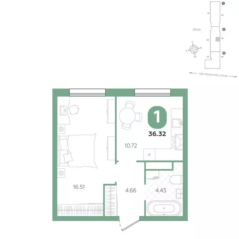 1-комнатная квартира: Горьковка, жилой комплекс Крылья (36.32 м) - Фото 1