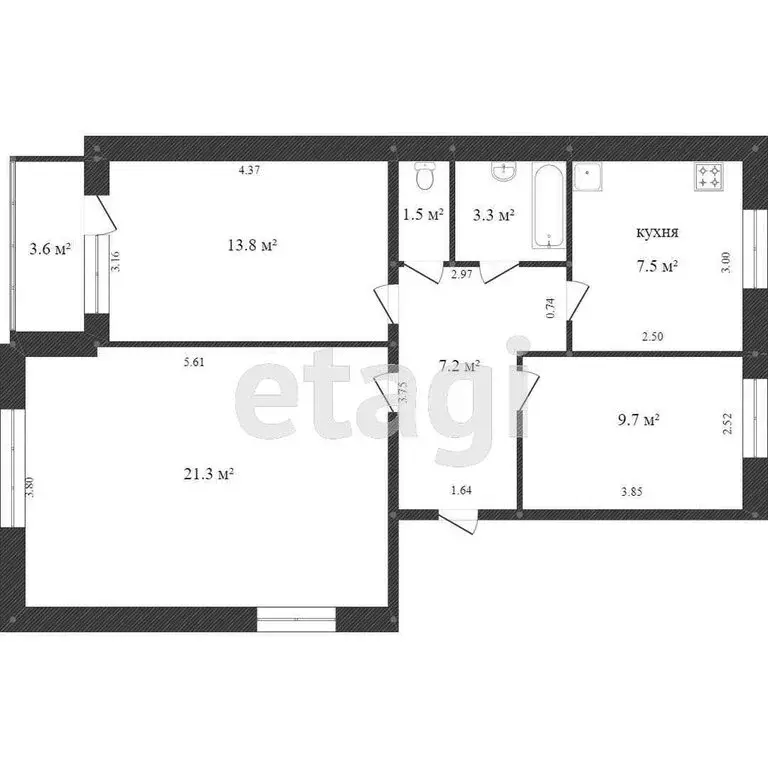 3-комнатная квартира: посёлок Октябрьский, улица 30 лет Победы, 5 (64 ... - Фото 1