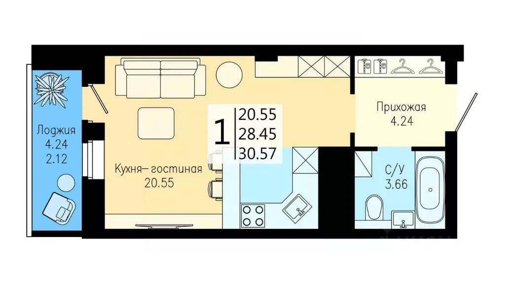 Студия Красноярский край, Красноярск Дудинская ул. (30.57 м) - Фото 0