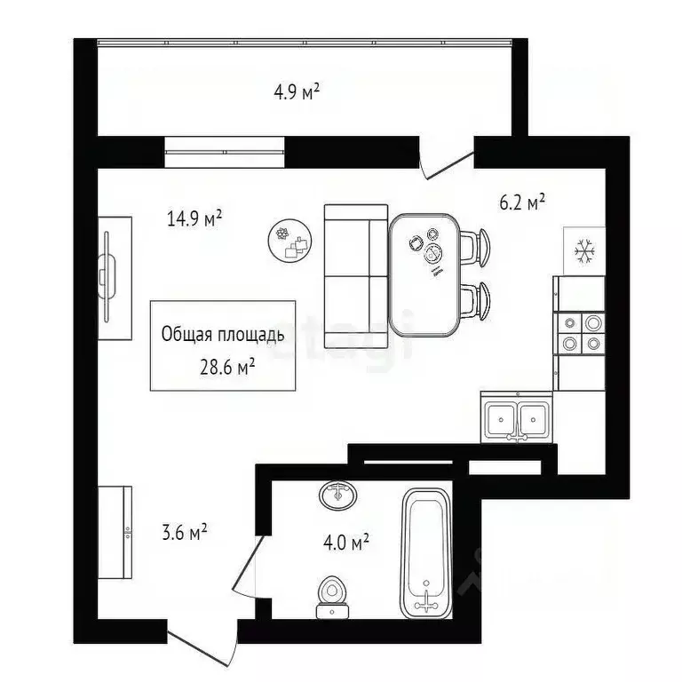 Студия Новосибирская область, Новосибирск ул. Фрунзе, 220 (28.6 м) - Фото 1