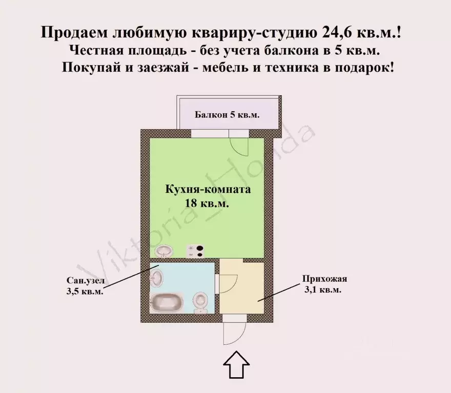 Студия Санкт-Петербург Ириновский просп., 32 (24.6 м) - Фото 1