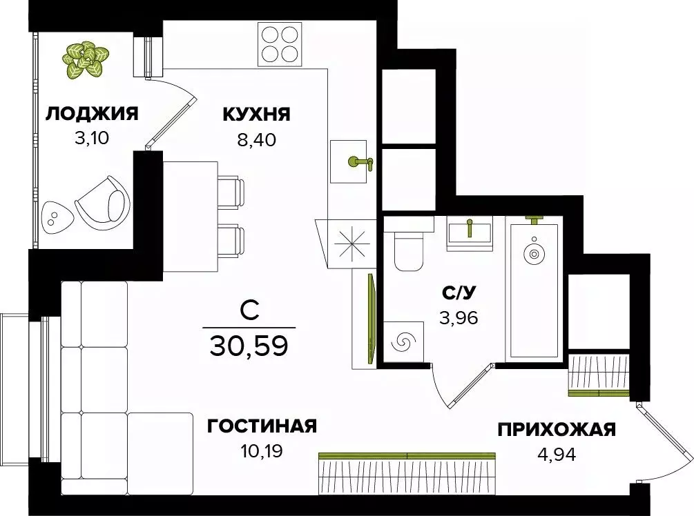 Студия Тульская область, Тула  (30.59 м) - Фото 0