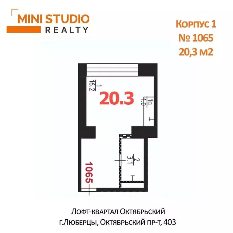 Студия Московская область, Люберцы Октябрьский просп., 403к1А (20.2 м) - Фото 2