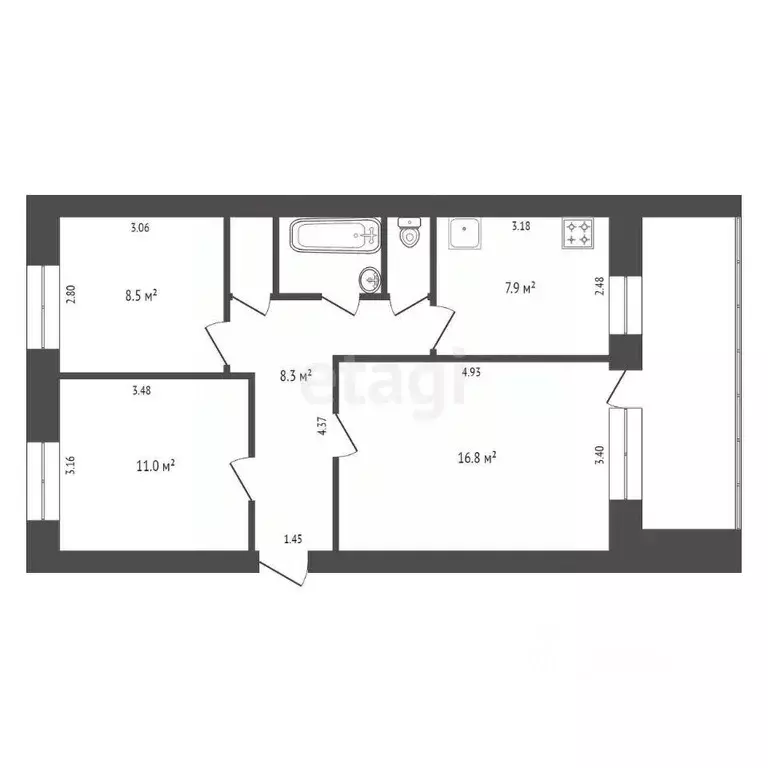 3-к кв. Татарстан, Нижнекамск Вокзальная ул., 28 (57.9 м) - Фото 1