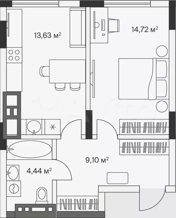 1-к. квартира, 41,9 м, 3/7 эт. - Фото 1