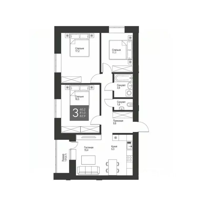 3-к кв. Татарстан, Альметьевск ул. Гафиатуллина, 60 (82.9 м) - Фото 1