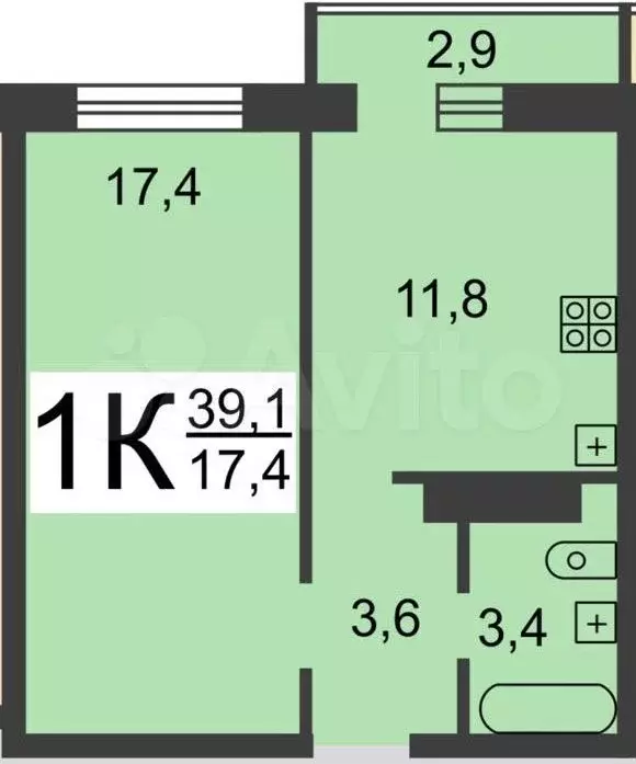 1-к. квартира, 39,1 м, 4/17 эт. - Фото 0