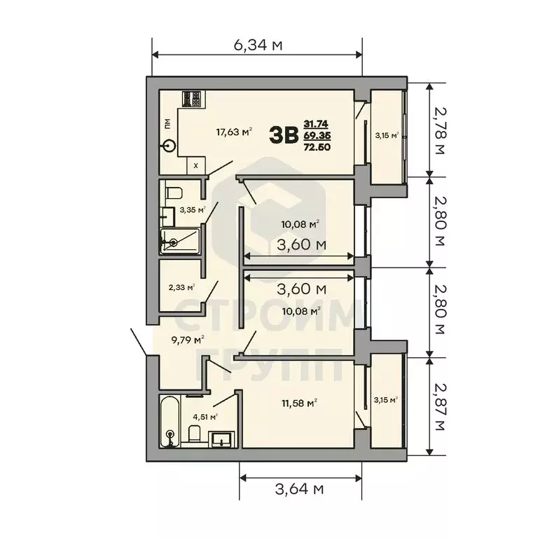 3-комнатная квартира: Ковров, улица Строителей, 43/1 (72.5 м) - Фото 1