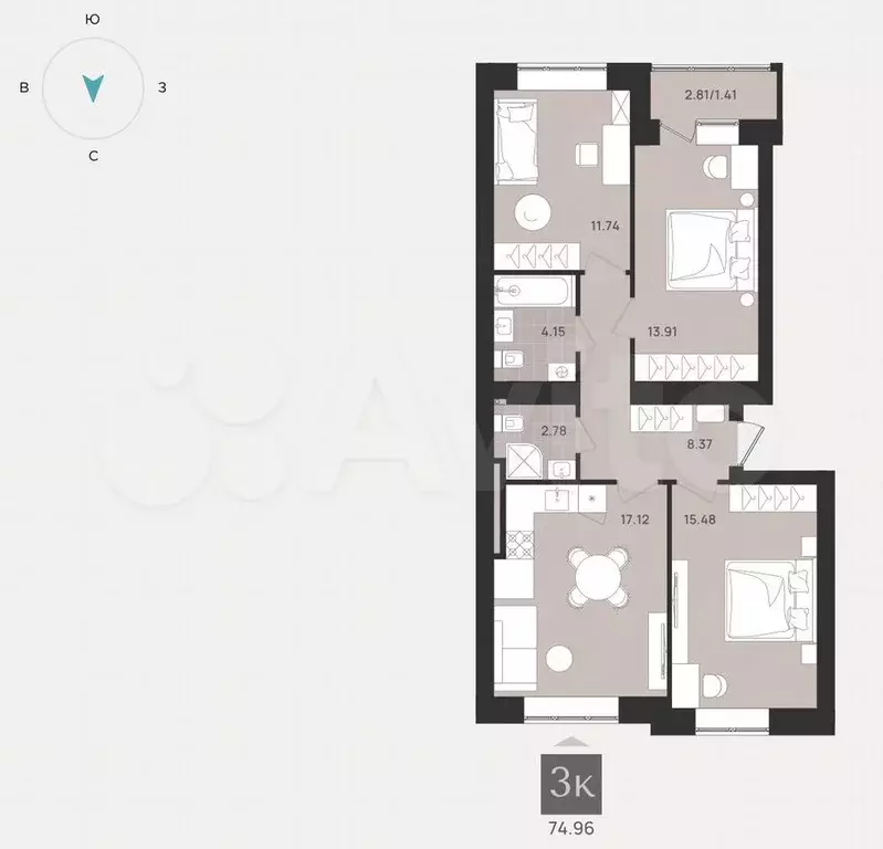 3-к. квартира, 75 м, 1/9 эт. - Фото 1