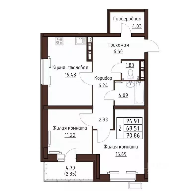 2-к кв. Орловская область, Орел ул. Левый Берег реки Оки, 21к1 (70.86 ... - Фото 1