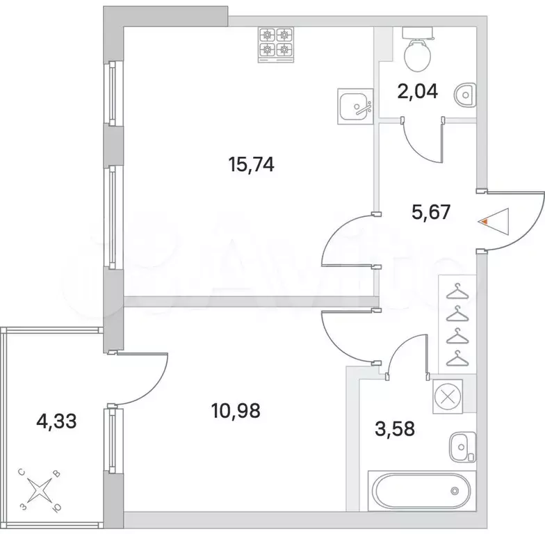 1-к. квартира, 39,6 м, 1/4 эт. - Фото 0