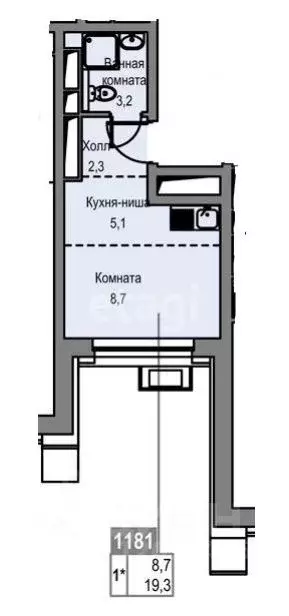 Студия Москва проезд Серебрякова, 11к2 (19.3 м) - Фото 1