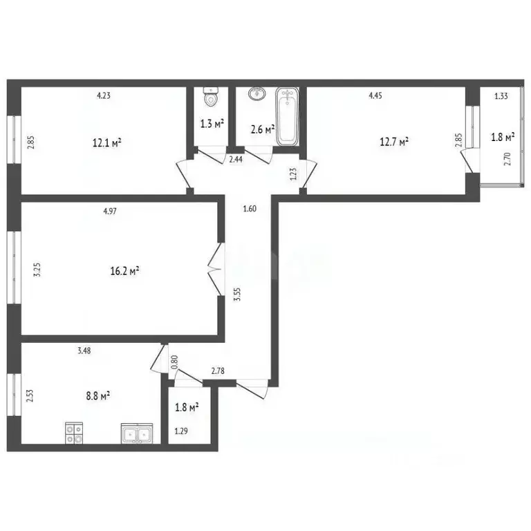 3-к кв. Башкортостан, Стерлитамак ул. Артема, 55 (66.3 м) - Фото 2