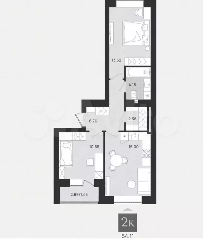 2-к. квартира, 54,1 м, 2/9 эт. - Фото 1