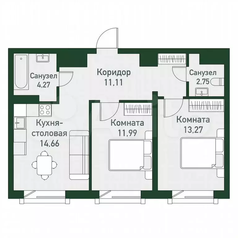 2-к. квартира, 59,1 м, 4/7 эт. - Фото 0