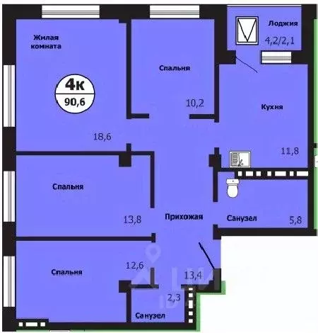 4-к кв. Красноярский край, Красноярск ул. Лесников, 51Б (90.6 м) - Фото 0