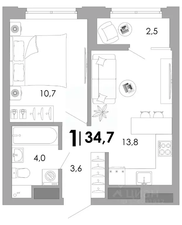 1-к кв. Владимирская область, Владимир Уно жилой комплекс (34.73 м) - Фото 1