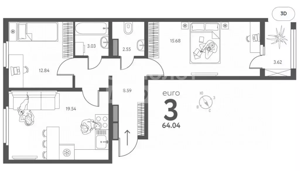 2-комнатная квартира: Липецк, улица Перова, 2Д (64.04 м) - Фото 1