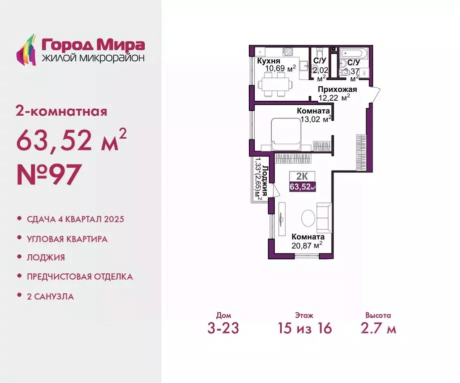 2-к кв. Крым, Симферополь Город Мира жилой комплекс (63.52 м) - Фото 0