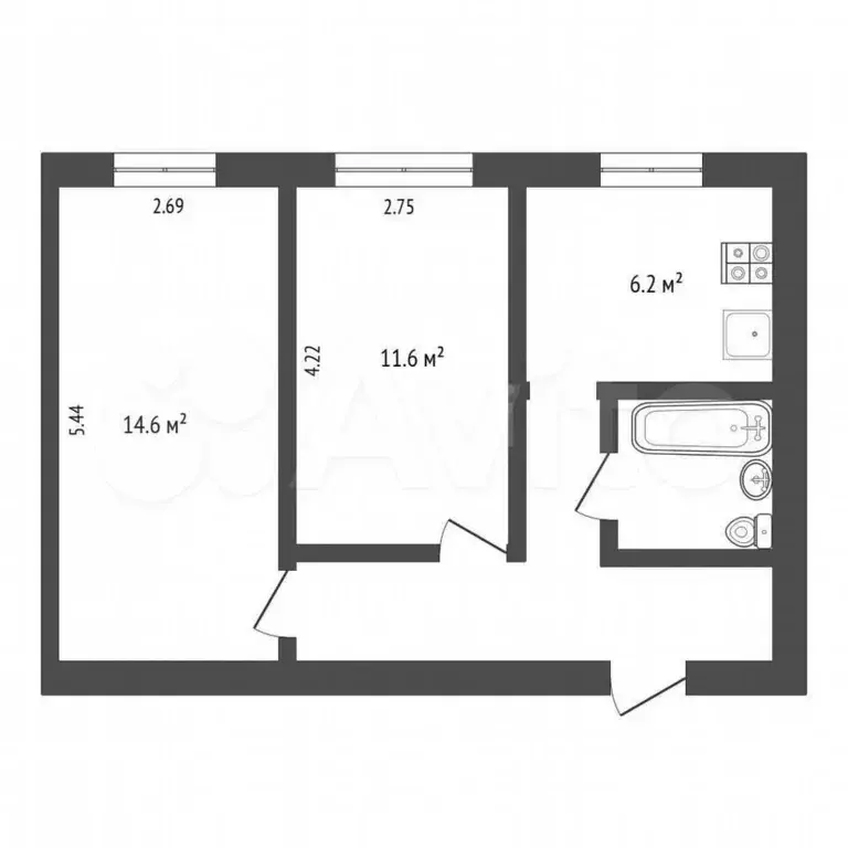 2-к. квартира, 43,5 м, 1/5 эт. - Фото 0