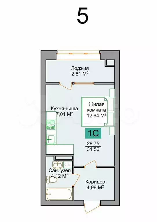 Квартира-студия, 31,6 м, 5/9 эт. - Фото 0